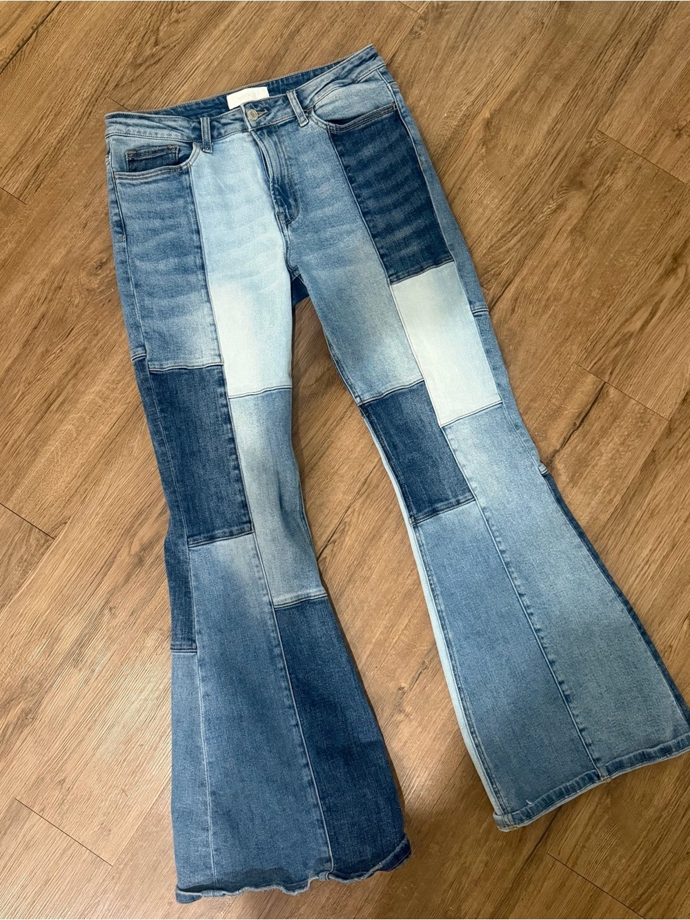 Patchwork Flare Jeans in Mixed Blue Denim